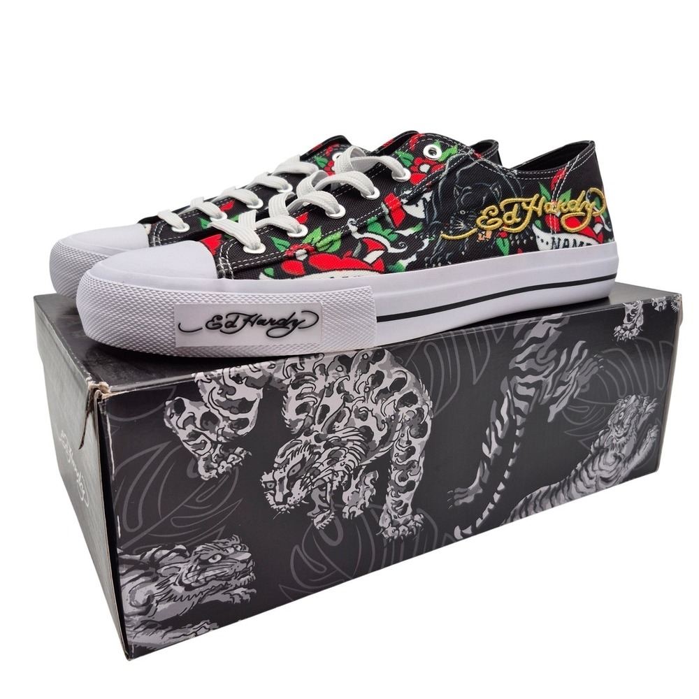Ed Hardy Skull Low Top Sneakers Men's Size 13 Shoes Tattoo Style Black/White